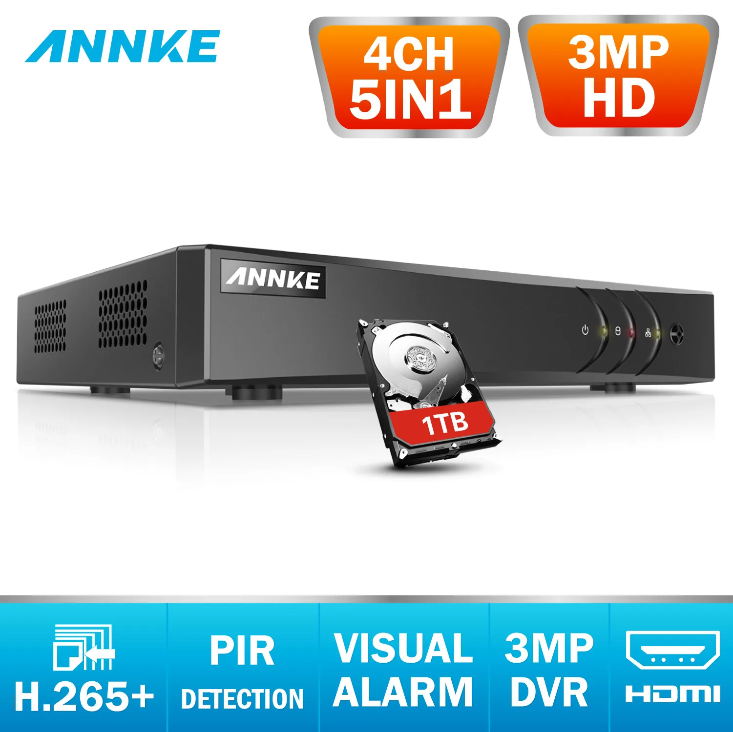 Цифровой видеорегистратор ANNKE H.265 4 канала 3 Мп 5 в 1 HD TVI CVI AHD IP с датчиком движения PIR