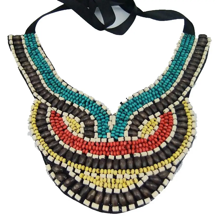

CirGen Fashion Women Handmade Gothic Ethnic Choker Colorful Wood Beads Face Cloth Bib Statement Necklace Jewelry Item,AF815