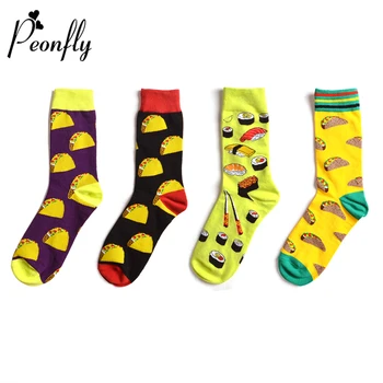 

PEONFLY Autumn Winter New Colorful Food Pattern Men Cotton Socks Personality Hamburger Sushi Red Wine Funny Sock Yellow Red