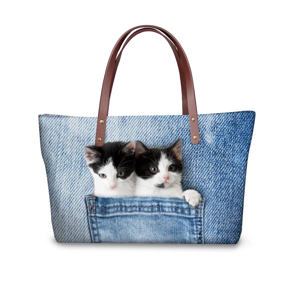 

Kawaii Cat Dog Print Women Large Handbags Luxury Brand Shoulder Bags for Ladies 3D Blue Denim Pocket Cross-body Bag