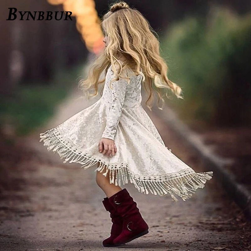 Bynbbur Tassels Lace Patchwork Velvet Solid Dress Girls Kid Party Dress Cute Baby Princess Elegant Dress 2019 Spring Summer New