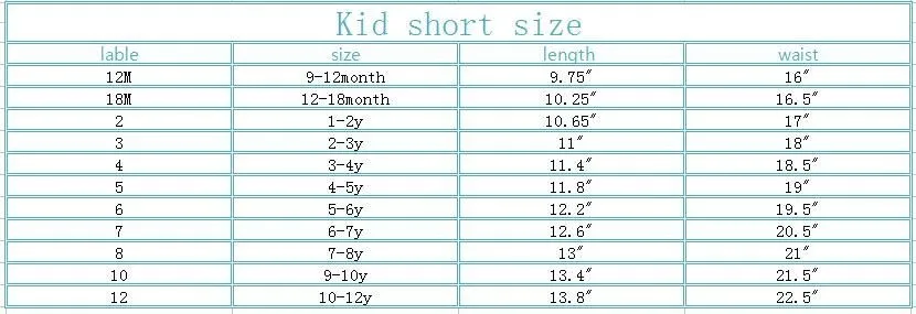 kids shorts size