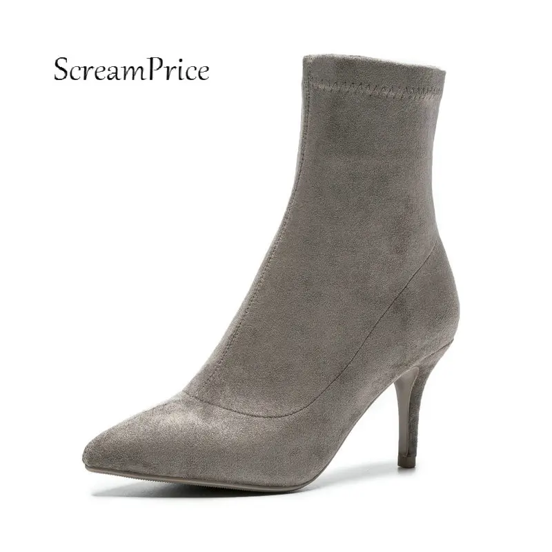 

Ladies Suede Thin High Heel Comfort Ankle Boots Fashion Slip On Pointed Toe Women Fall Winter Booties Black Gray Khaki