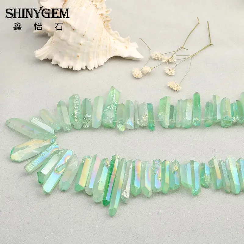 Titanium Green Raw Crystal Pillar Top Drilled Point Pendant BeadsRock Crystal Quartz Graduated Briolettes Point Beads Jewelry Fashion Jewelry