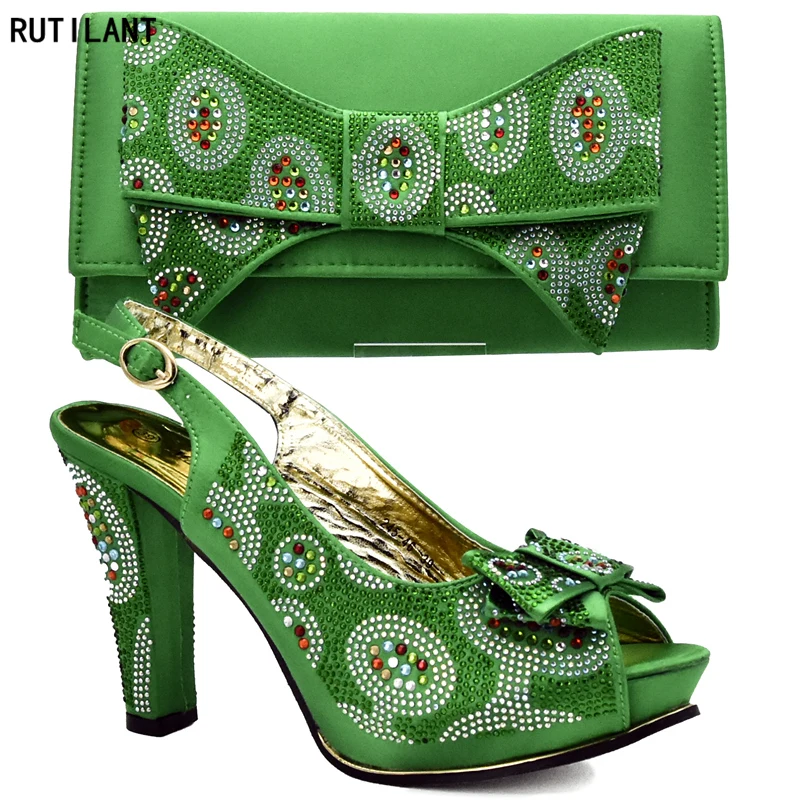 

Green Color African Matching Shoes and Bags Italian In Women Italian Shoes and Bags To Match Shoes with Bag Set with Rhinestone