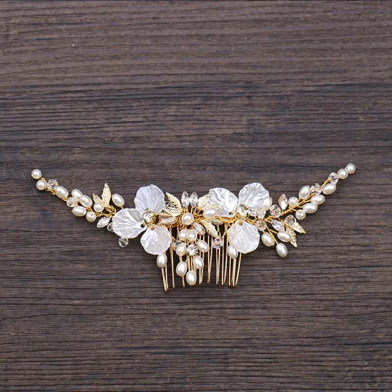 

Hair Jewelry For Women Gold Metal Crystal Rhinestone Wedding Bride Hair Comb Clip White Flower Wedding Hair Accessories VL