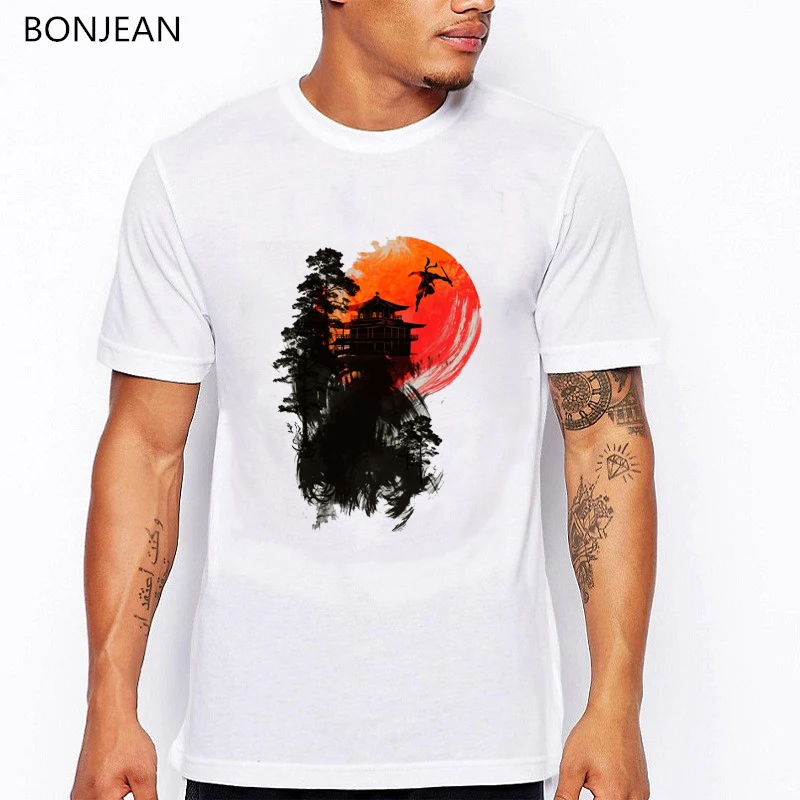 

Japanese harajuku Samurai tshirt ink red sunset Cherry Blossom print tee shirt homme vintage t shirt men white t-shirt camisetas