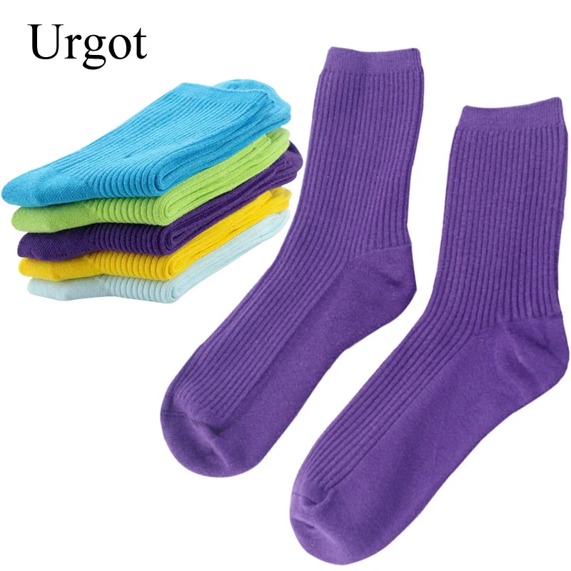 

Urgot 5 Pairs Autumn Winter Double Needle Women's Socks Cotton Candy Color Tube Socks Women Pure Color Cotton Calcetines Hombre