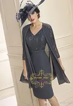 New Grey Sheath V-Neck Chiffon with Lace 3/4 Long Sleeves Knee-Length 2018 Women evening Party Gowns Mother of the Bride Dresses grey pom pom design scoop neck 3 4 length sleeves t shirt
