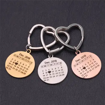 

Personalized Calendar Keychain Stainless Steel Custom Hand-Engraved Customized Calendar Anniversary Date Highlighted with Heart