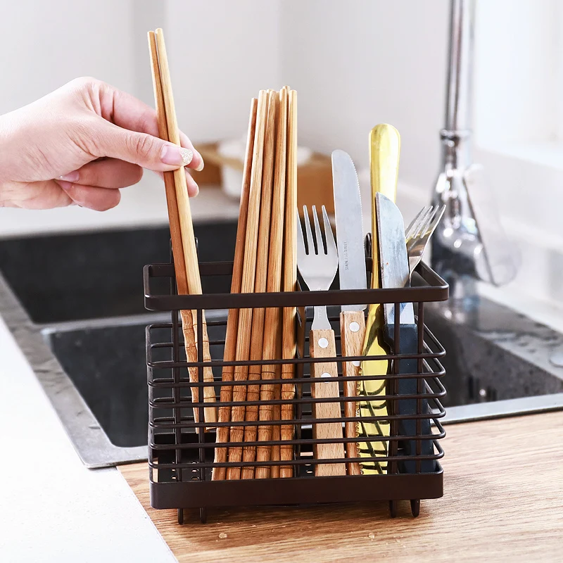 Black net hanging chopstick cages spoon holder forks rack Iron reinforced white kitchen storage shelf organizer drainer
