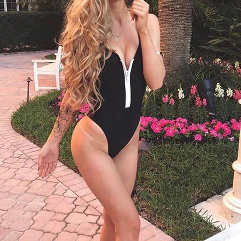 

Women's Solid Sexy One Piece Swimsuit Padded Bikini Swimwear Bathing Suit Monokini Zipper Bikinis Women Beachsuit Beachwear