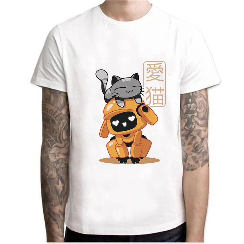 

Love death and robots K-VRC and a Cat T Shirt men boy Summer anime t-Shirts men O Neck white t shirt Cotton tee shirt homme