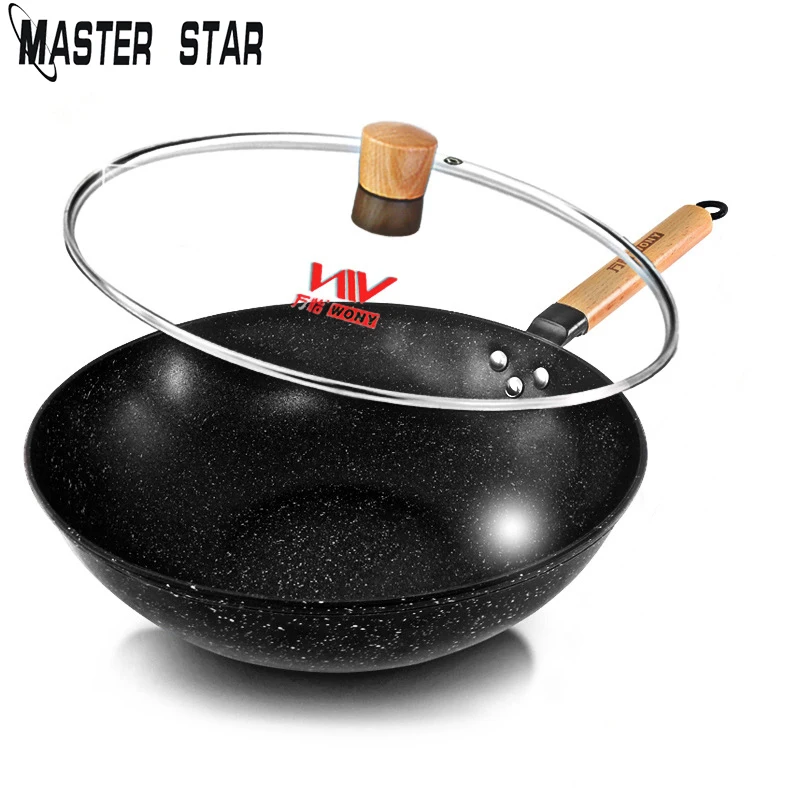 

Master Star 32cm Chinese Medical Stone Wok Non-stick Cookware With Wooden Handle Iron Wok For Kitchen