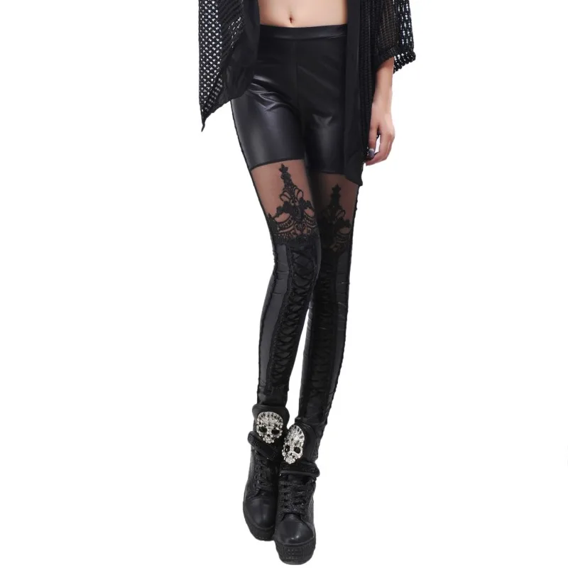 Модные сексуальные женские леггинсы из искусственной кожи с кружевами, женские штаны в стиле панк, Осенние обтягивающие штаны