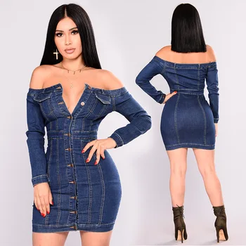 

Autumn Women Jeans Dress Sexy Strapless Single Breasted Hip-wrapped Party Dress Off Shoulder Skinny Long Sleeve Mini Jeans Dress