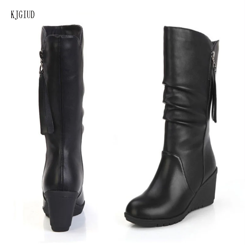 

Spring and Autumn New Fashion Women's Boots Wedges Round Head Medium Size Large Leather Boots Botas Mujer Winter Boots Women