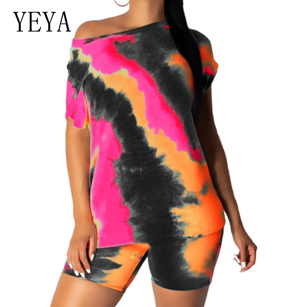 YEYA 2 Pieces Sets Multi-color Tie-dye Contrast Color Loose Playsuits Elegant O Neck Short Sleeve Women Summer Vintage Jumpsuits
