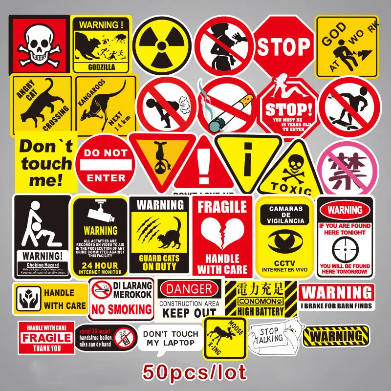 

50 Pcs/Lot Stickers Warning Sign Warning Spoof Graffiti Sticker Car And Motorcycle Trolley Case Skateboard School Bag Stickers