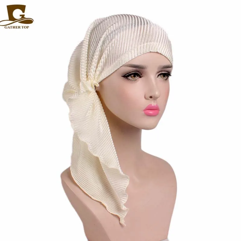 Новая мода женщин рябь платок химиотерапия шляпа тюрбан головы шарфы предварительно завязанные Головные Уборы Бандана Tichel для рака тюрбан - Цвет: Бежевый