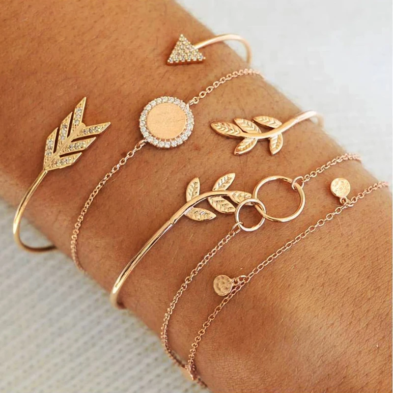 

Tocona 5PCS/Set Bohemia Arrow Leaf Crystal Gold Color Charm Cuff Bracelets Set for Women Metal Opening Hollow Jewelry 3324