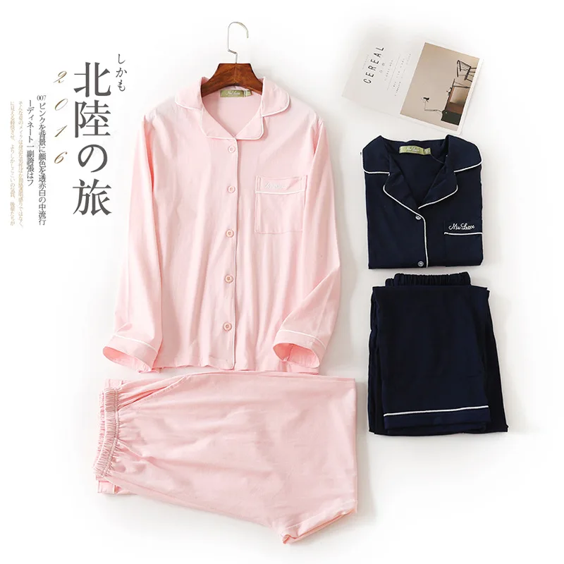 

Navy and Pink Womens Pajamas Female Winter 100% Cotton Long Sleeve Sleepwear Pure Colour Pijama Mujer Leisure Loose Pajama Set