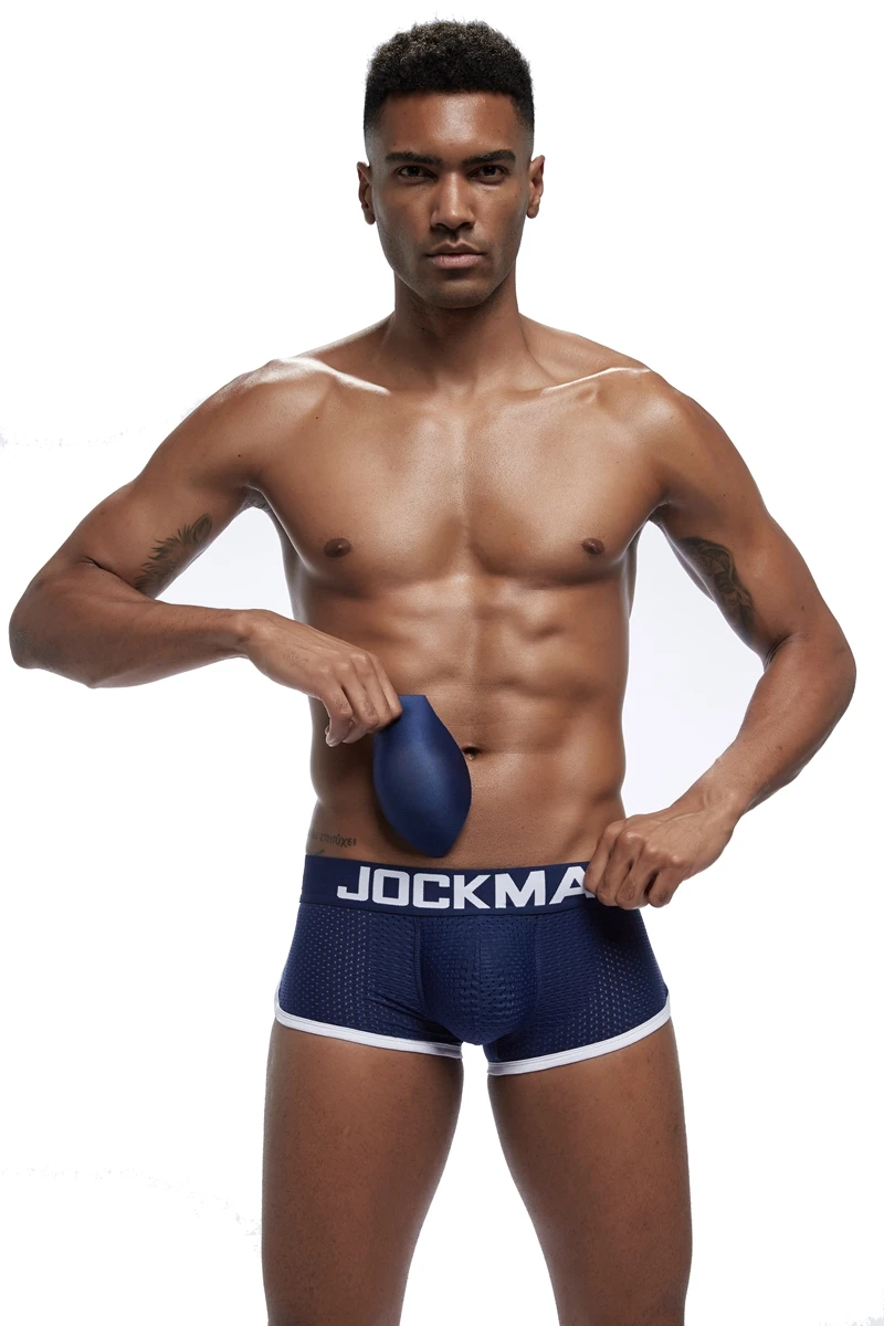 JOCKMAIL, сексуальное мужское нижнее белье, боксеры, мужское нижнее белье с дышащей сеткой, съемные две накладки на ягодицы и одна Передняя накладка