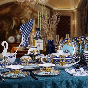 

Luxury Blue Ocean Bone China Dinnerware Sets Dishes Plates Western Clubhouse Upscale Heart Of The Sea Ceramic Tableware
