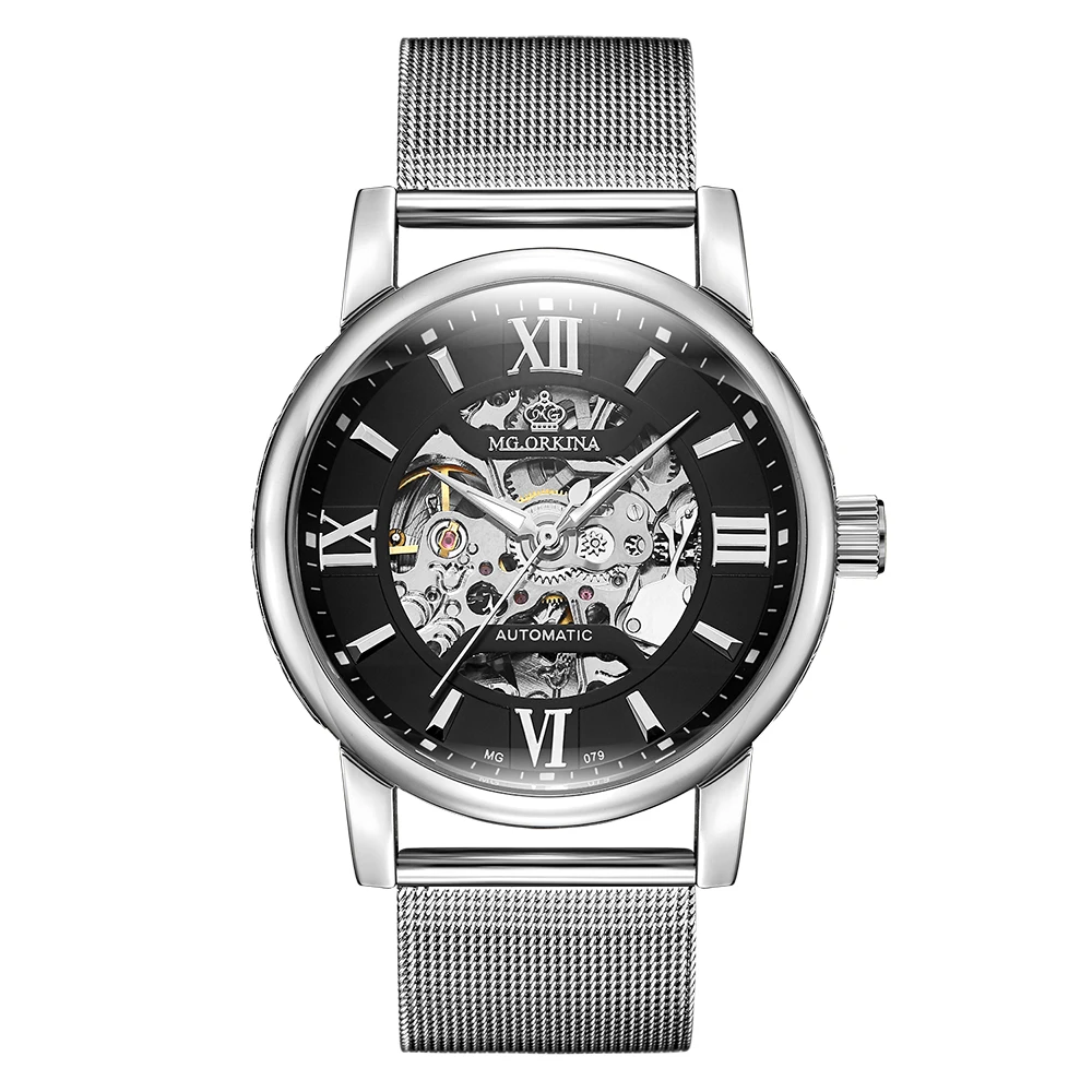 

ORKINA 2018 Male Clock Skeleton Luminous Dial Mesh Stainless Steel Band Relogio Masculino Mechanical Automatic Men Wrist Watch
