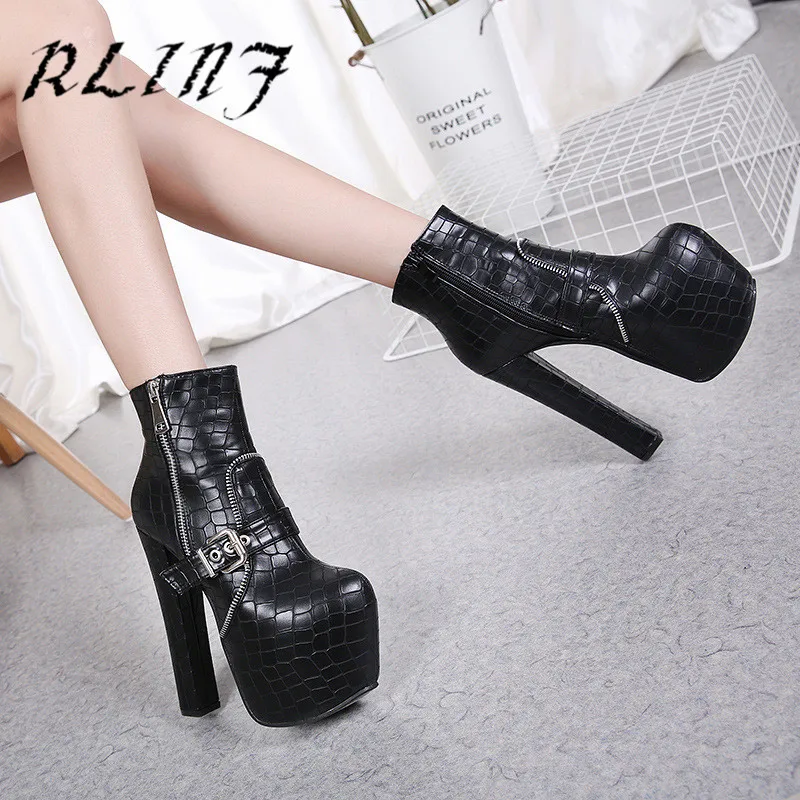 Nuevo Mujeres Botas Plataforma Tacón Con Cremallera 16 Hebilla Cm Cortas Negro Rlinf Grueso De Alto ZdqZB7