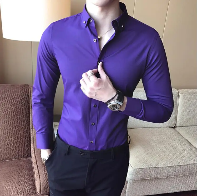 purple CH. KWOK Мужская классическая рубашка фиолетовый розовый синий Новая Осенняя с длинным рукавом безразмерная 4XL рубашка для работы однотонный деловой мужской рубашки - Цвет: purple