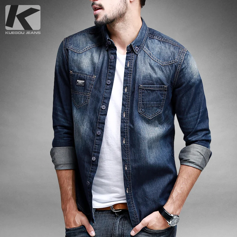 Fashion Men Denim Jeans Shirt Casual Long Sleeve Slim Fit Stylish Wash Jeans Top