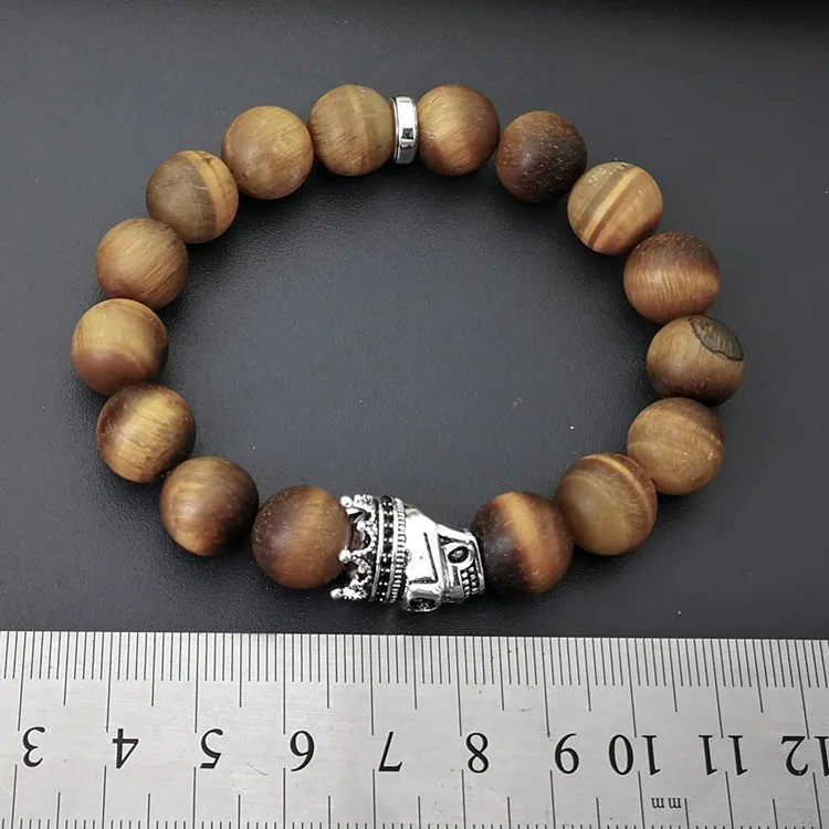 Matted Tiger Eye Томас 12 мм 5 натуральный камень черный обсидиан и череп с короной бисер мужской браслет, Rebel сердце ювелирные изделия для мужчин TS B264 - Окраска металла: Matted Tiger Eye