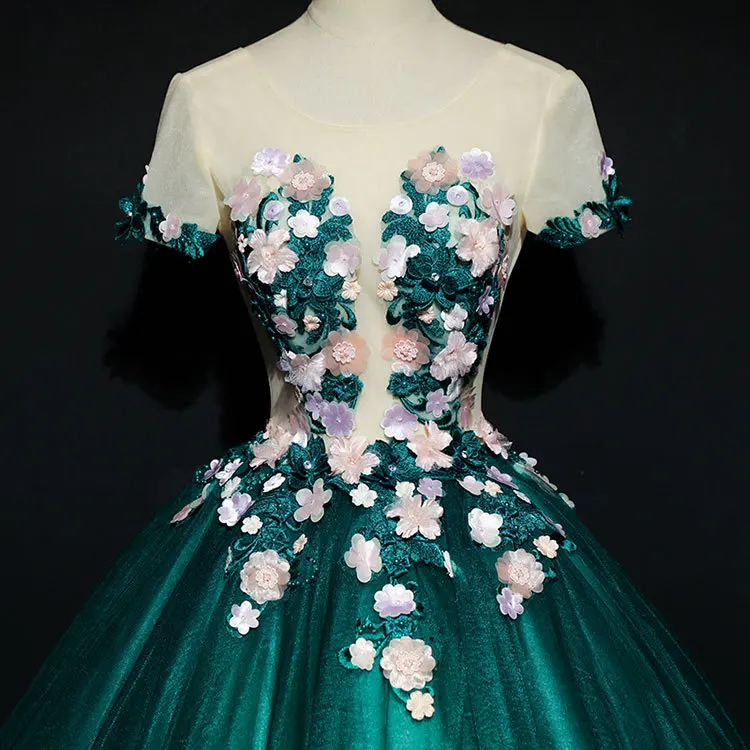 

Hot Short Sleeve Flower Cutting 3d Green Rococo Ball Gown Long Dress Medieval Dress Renaissance Gown Royal Dress Victoria Dress