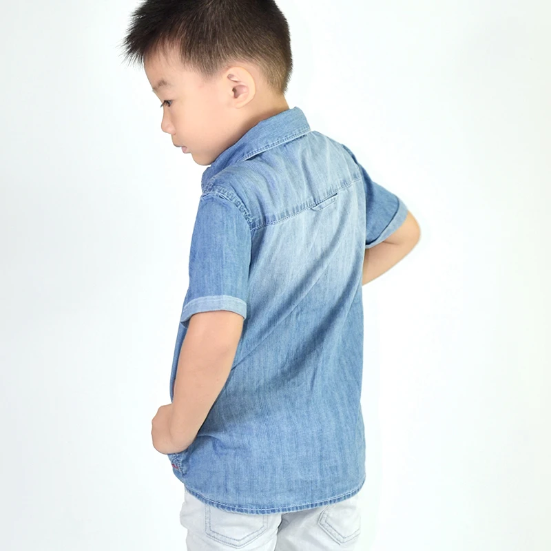 HSBJ1611001--6Boys Denim Shirts Teens Solid Tops Short Sleeve Shirts Pocket Buttons Kids Junior Clothing Children 4-16 Years