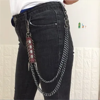 

hot sale Black Tone Pants Chain 2 lines Curb chain Punk Jean Keychain Ring Clip Keyring HipHop beads Accessories Mens jewelry