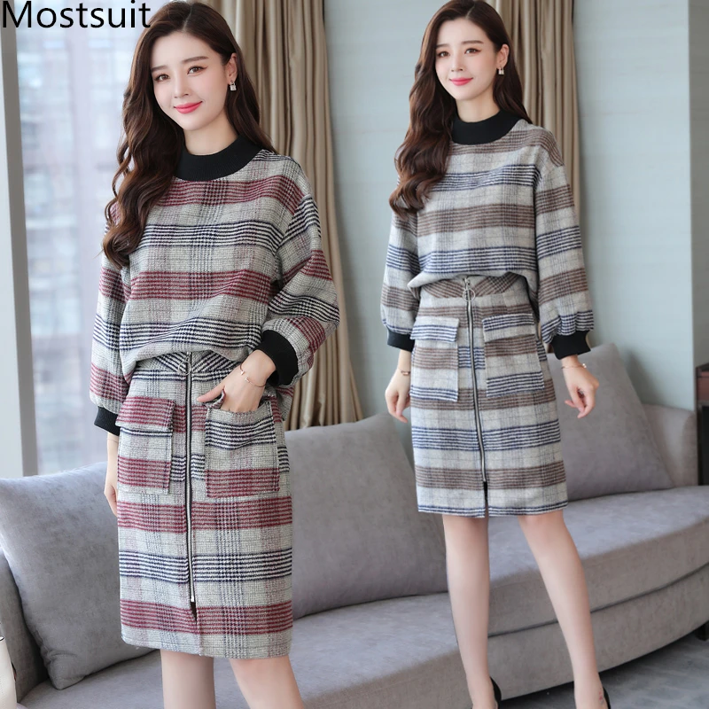 

Two Piece Set Women Autumn Winter Plaid Long Sleeve Tops And Skirt Sets Suits Office Casual Chic Elegant Female Ladies Sets 2019