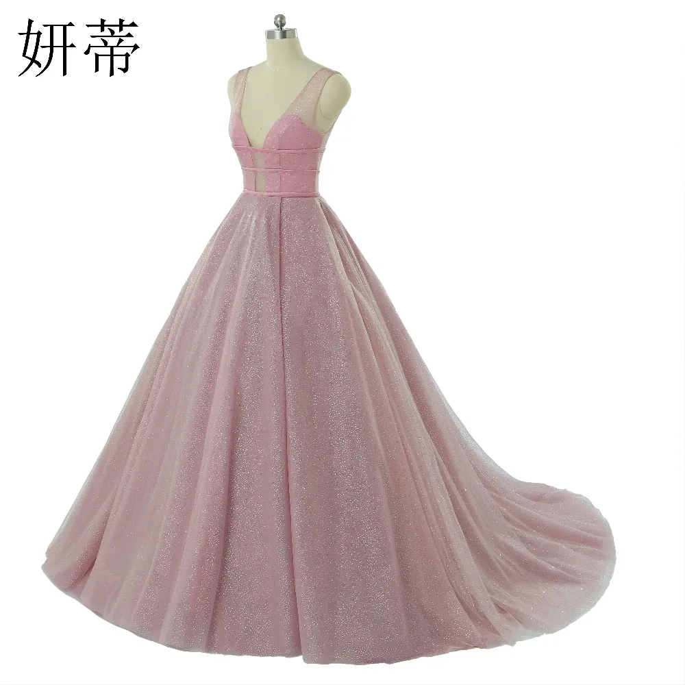 Sexy Sheer V Neck A Line Evening Dress 2017 Beading Tulle Sleeveless Backless Custom Made Prom Dresses Free Shipping long sleeve prom dresses