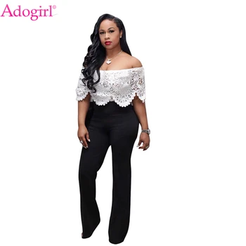 

Adogirl Lace Crochet Hollow Out Off Shoulder Jumpsuit Sexy Slash Neck Ruffle White Top Black Wide Leg Pants Women Romper Overall