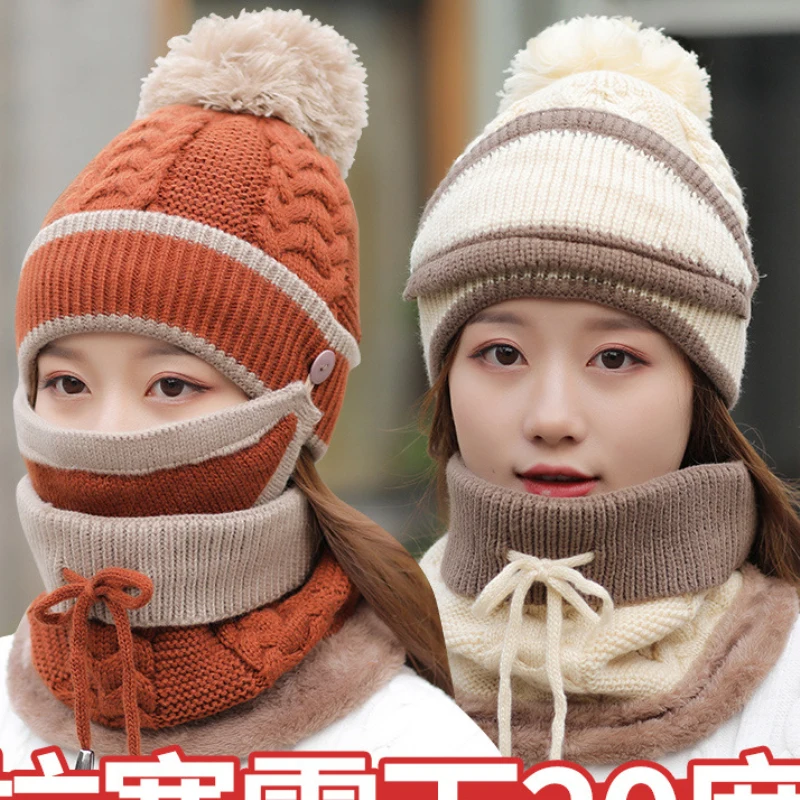 HT2139 зимняя шапка и шарф для женщин Толстая теплая вязаная шапка шарф Зимний комплект 3 шт. шапочки кольцо шарф маска зимние аксессуары для