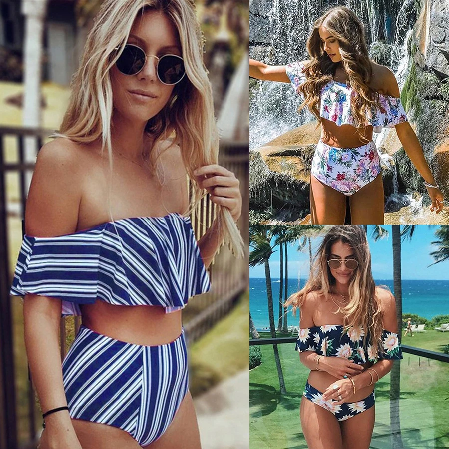 

New High Waist Swimsuit Women 2018 Sexy bikini Set Striped Biquini Ruffled Swim Bathing Suit White Blue Swimwear Vintage Bikinis