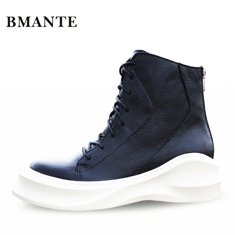 

lace up bootie Real leather brand fashion male Casual hightop shoe tall Footwear high top Thick sole Platform Harajuku boots men