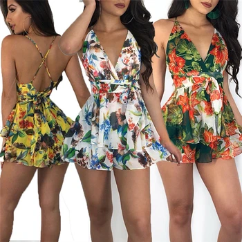 

Hot Selling Sexy Women Summer Floral Jumpsuit Sleeveless High Waist Summer Beach Wear Playsuit Club Wear Bodycon Jumpsuit