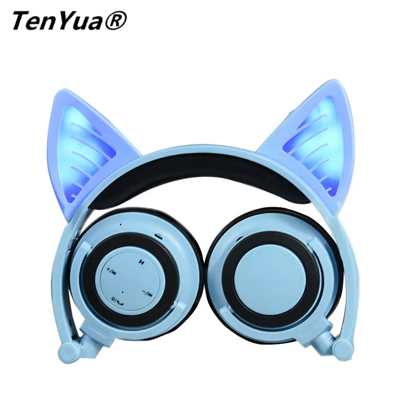TenYua Wireless Bluetooth Cat Ear Headphones Foldable Gaming Headset Earphone with Glowing Light Halloween Gift for Girls Kids