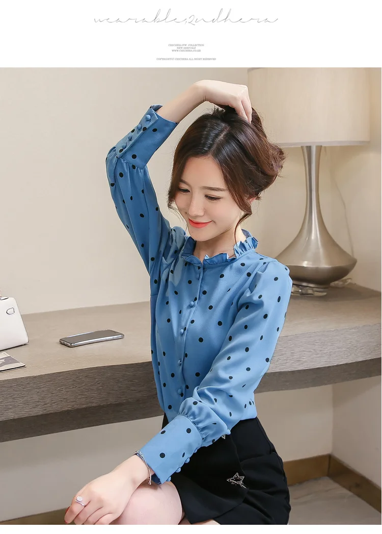 Весенняя модная женская блузка в горошек с стоячим воротником и топ для офисных леди, рубашки с длинным рукавом, блузка и топ 3076 50