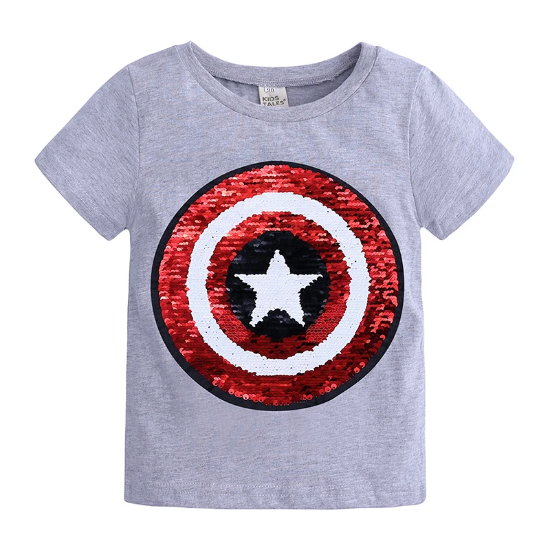 Однотонная футболка для мальчиков с блестками и принтом «Человек-паук»/«Капитан Америка»; хлопковая летняя детская футболка с героями мультфильмов; одежда