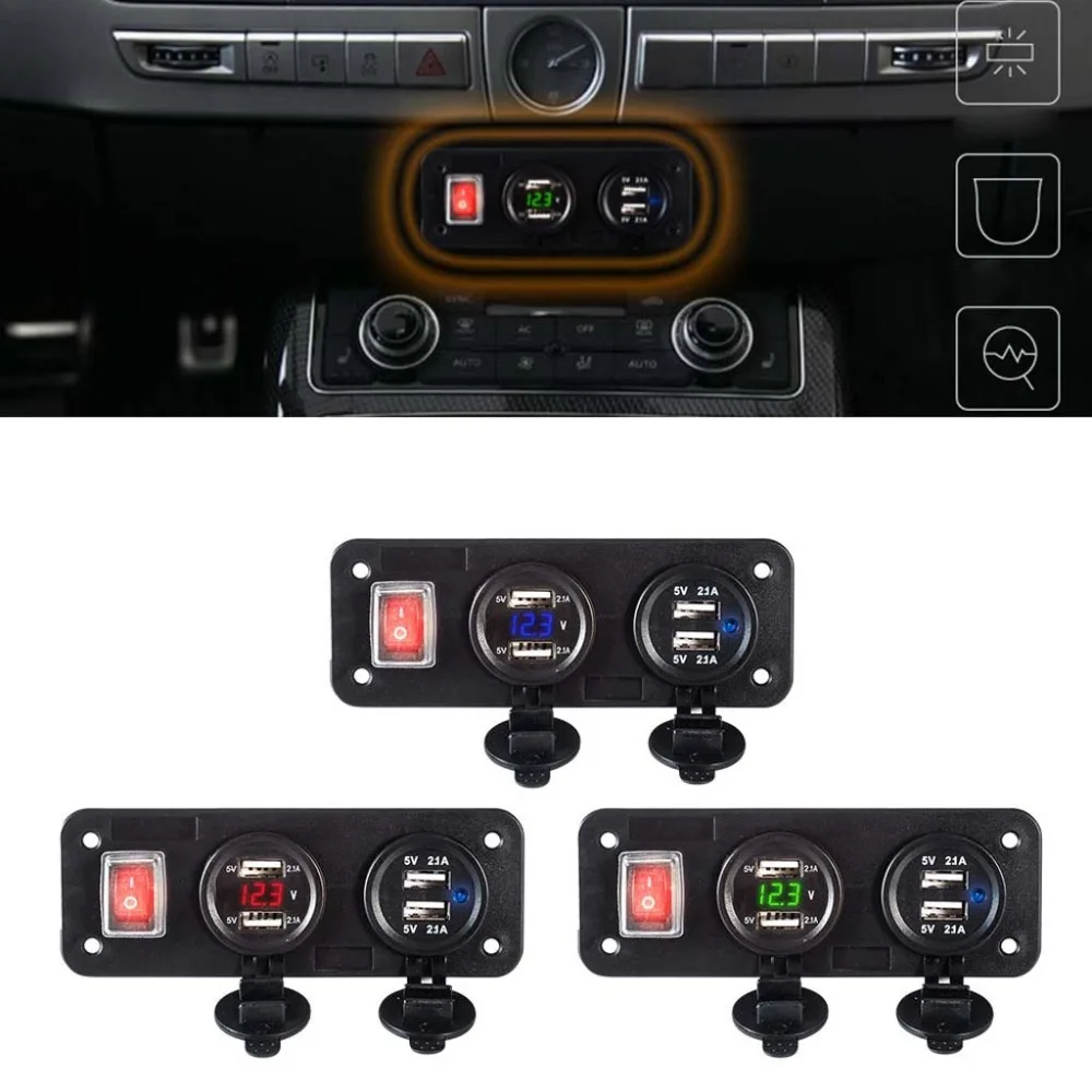 

12V 24V 4 USB Charger Adapter LED Voltmeter Waterproof With Switch Panel for Car Boat Truck Travel Outdoor Use For iPhone