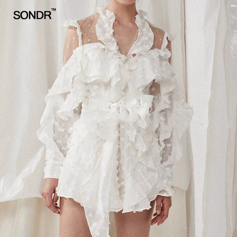 

SONDR Summer Lace Up Dot Women Long Sleeve Bow Bandages Perspective Shorts Sexy Women Clothes 2019 Fashion New