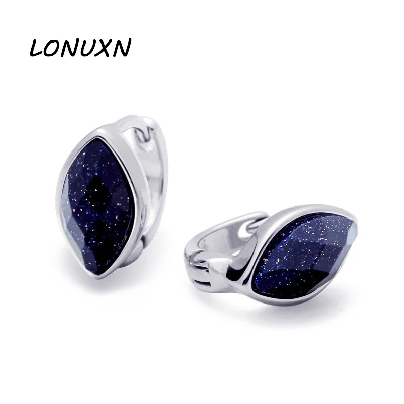 

925 Sterling silver Purple Blue Gold Sand Stone Natural semi-precious stones Black Onyx buckle ear women jewelry earrings gift