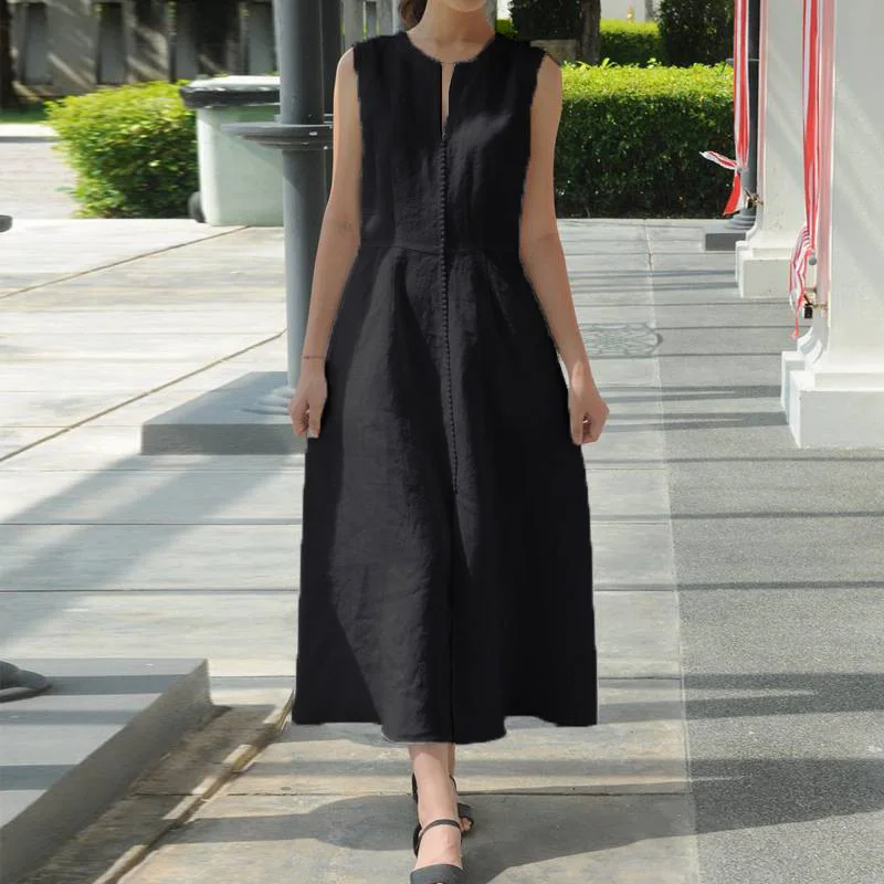 

Womens Dress Ladies Party Summer Split Sundress Fashion Holiday Solid Cocktail Sleeveless Plus Size Round Neck